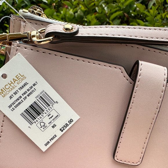 Michael Kors Jet Set Double Zip Wallet Center Stripe MK Rose gold Pink Multi - Picture 7 of 8